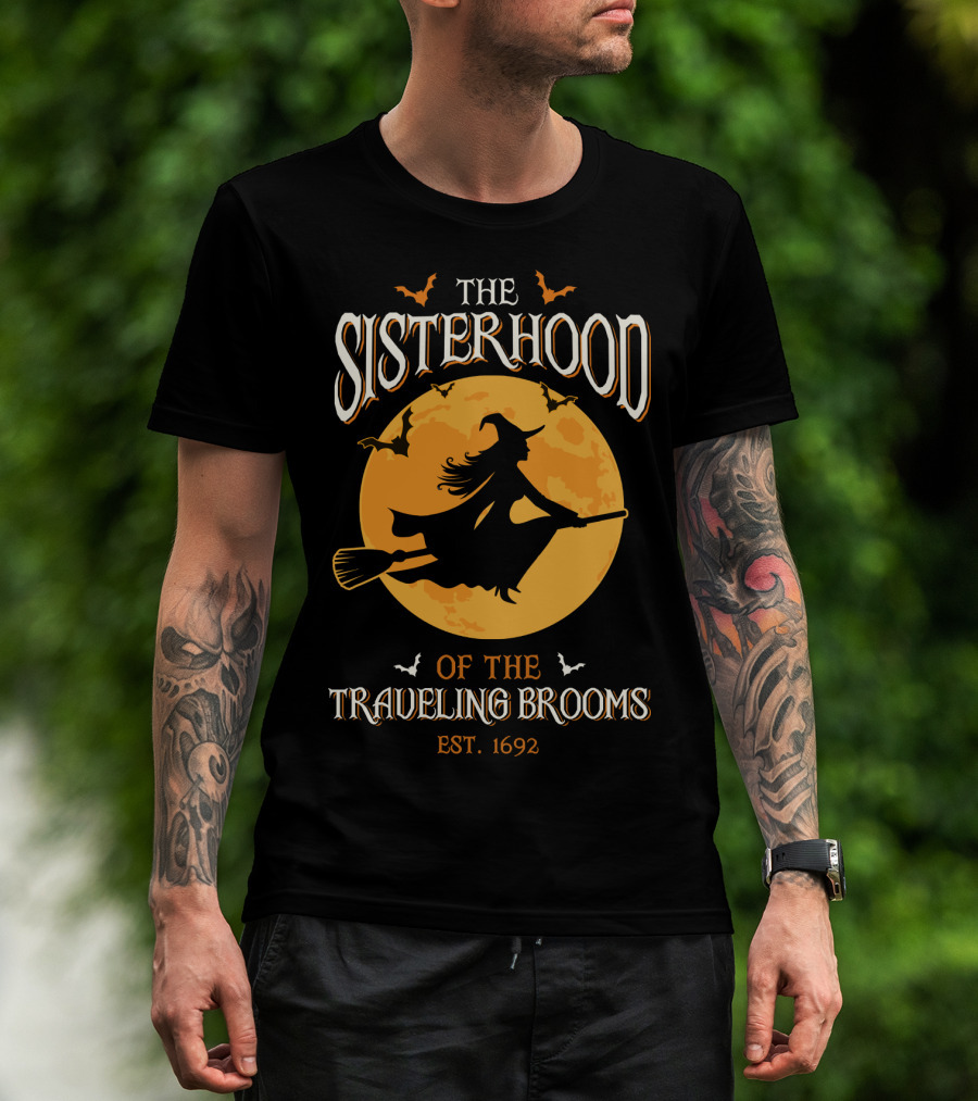 The Sisterhood Of The Traveling Brooms EST 1692 Halloween Witch And Full Moon T-Shirt