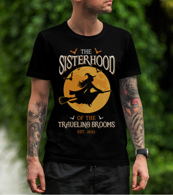 The Sisterhood Of The Traveling Brooms EST 1692 Halloween Witch And Full Moon T-Shirt