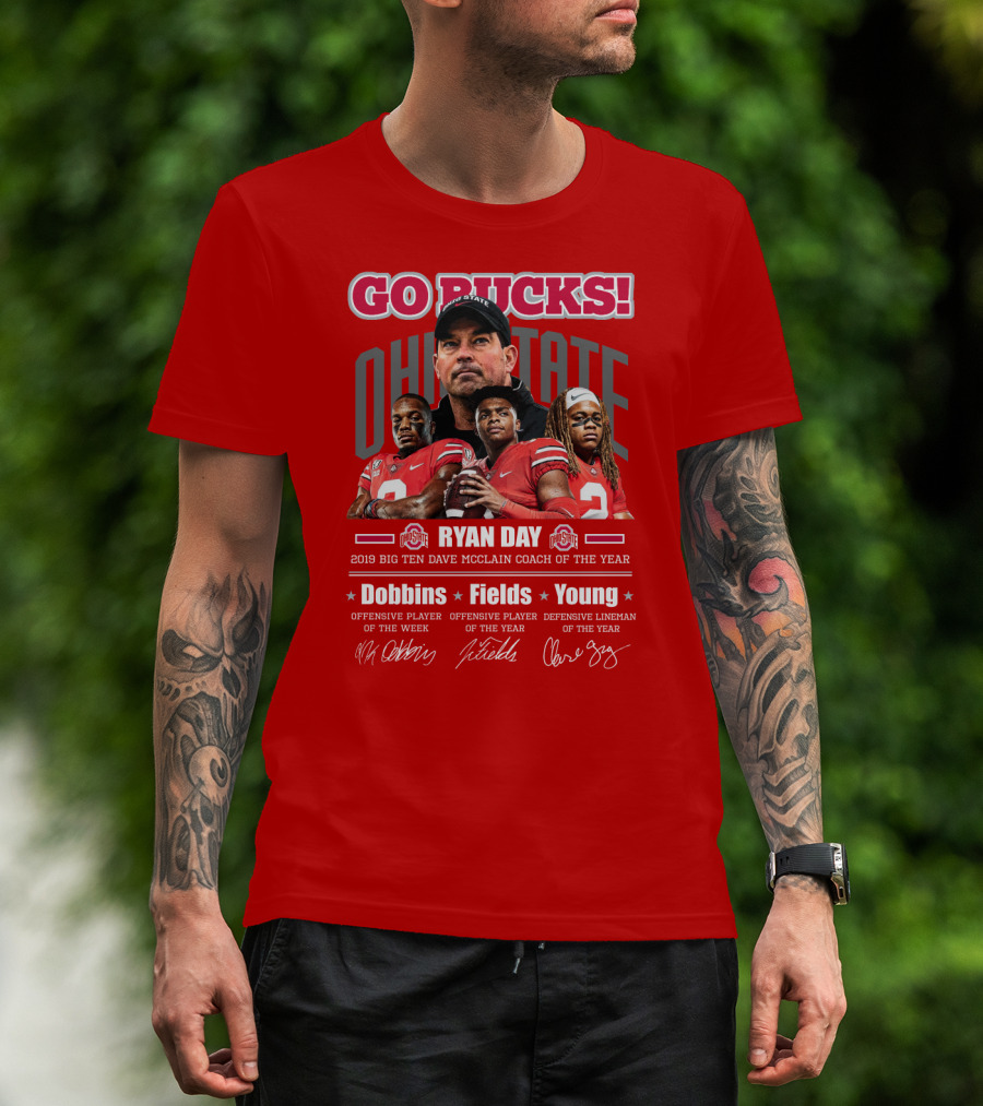 Go Bucks Ohio State Ryan Day Dave Mcclain Coach Of The Year Dobbins Fields Young Big Ten Players T-Shirt