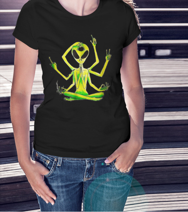 Alien Third Eye Meditation Yoga Pose With Multiple Arms T-Shirt