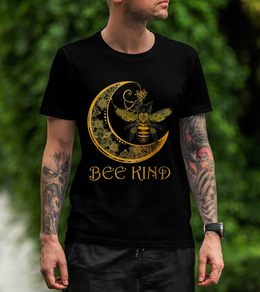 Bee Kind Golden Mandala Bee On Crescent Moon T-Shirt