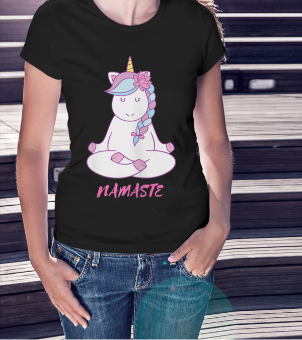 Namaste Unicorn Meditation Yoga Pose With Om Symbol And Flower Mane T-Shirt