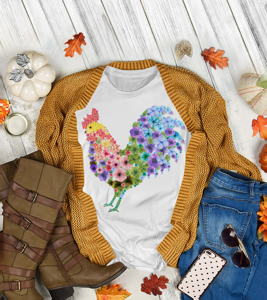CHICKEN Flower Patterned Rooster with Vibrant Floral Colors T-Shirt