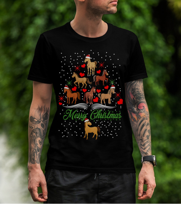 Merry Christmas Horses Santa Hats Hearts Snowflakes T-Shirt