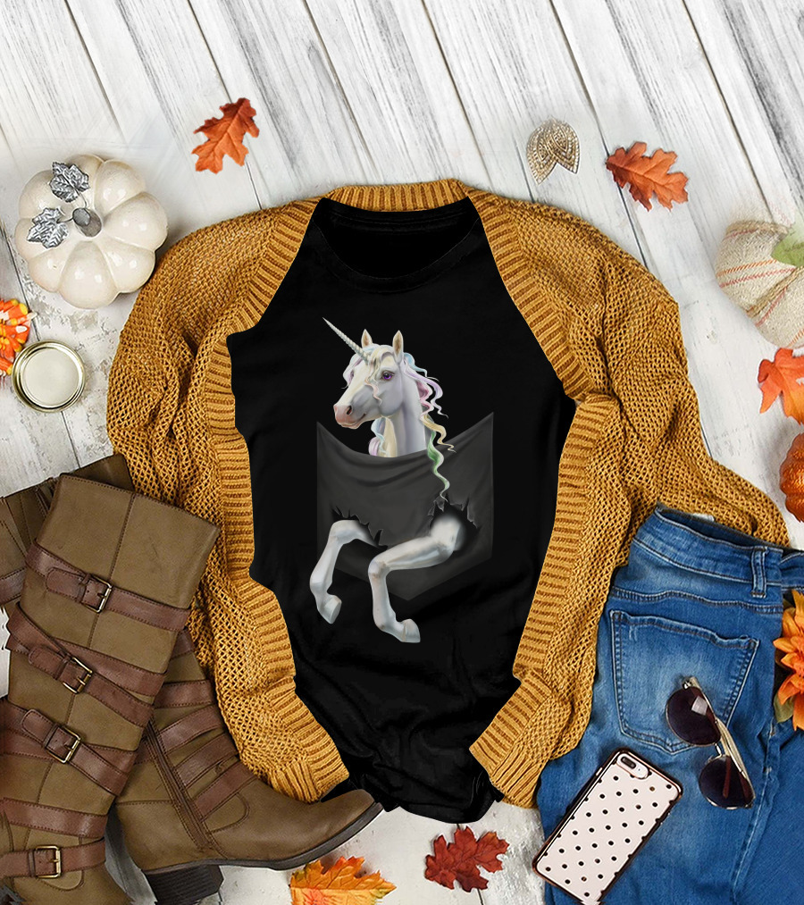 Unicorn Peeking from Torn Pocket T-Shirt