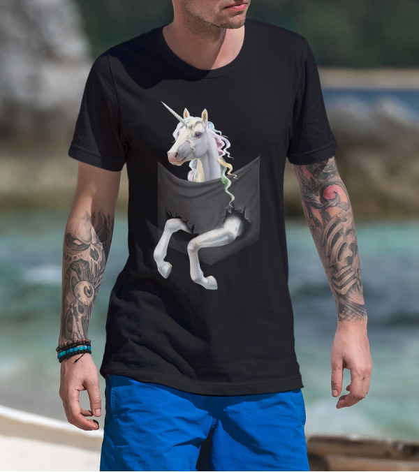 Unicorn Peeking From Torn Pocket T-Shirt
