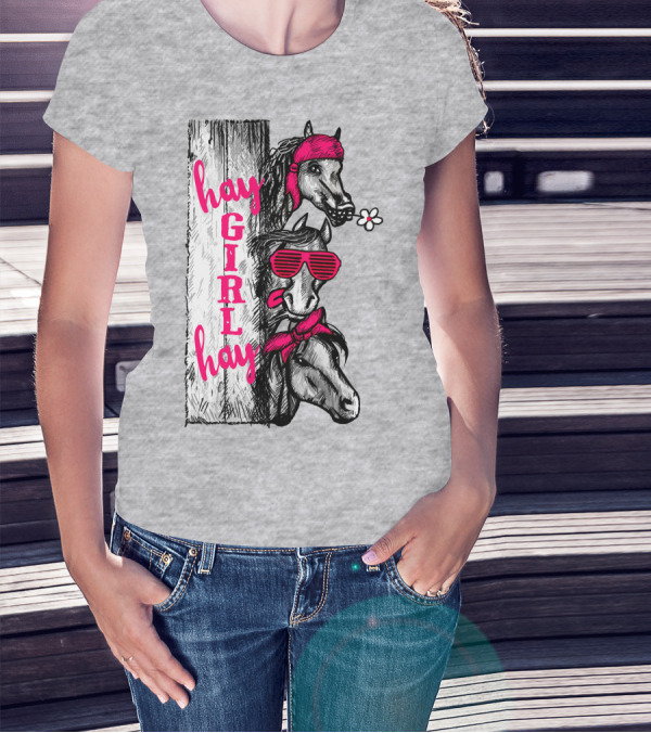 Hay GIRL Hay Funny Horse Trio With Bandanas And Sunglasses T-Shirt