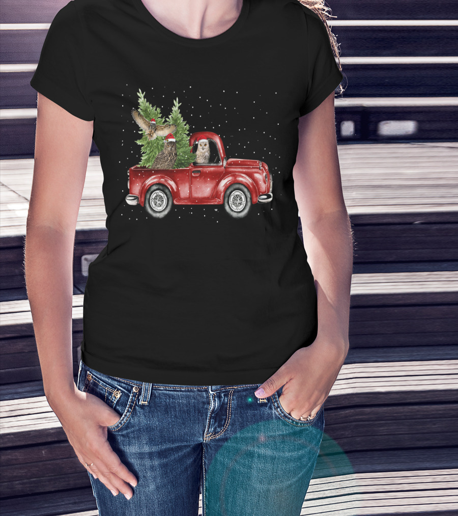 Owl Christmas Red Truck With Santa Hats And Tree T-Shirt