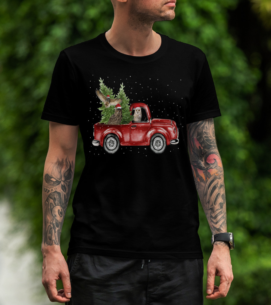 Owl Christmas Red Truck With Santa Hats And Tree T-Shirt