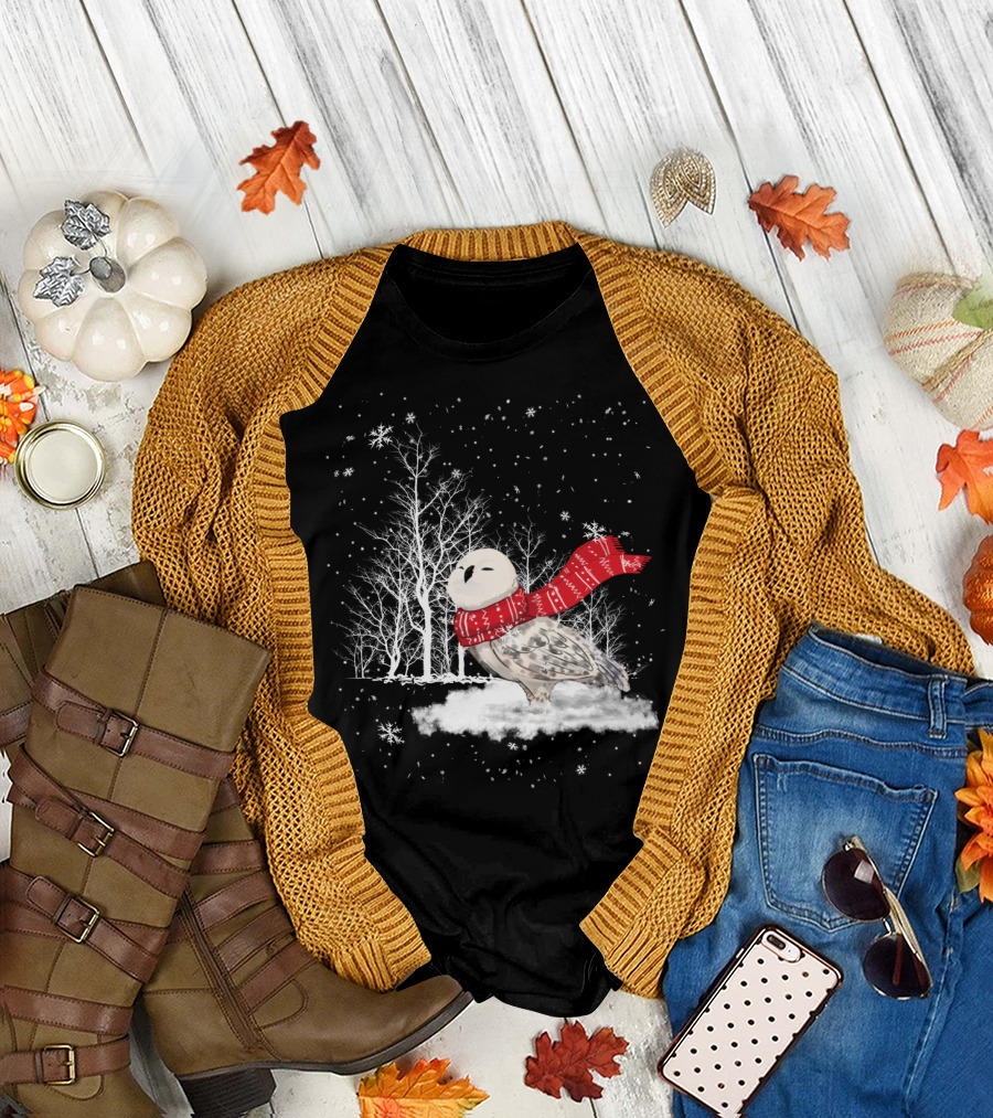 Snowy Owl Red Scarf Winter Scene T-Shirt