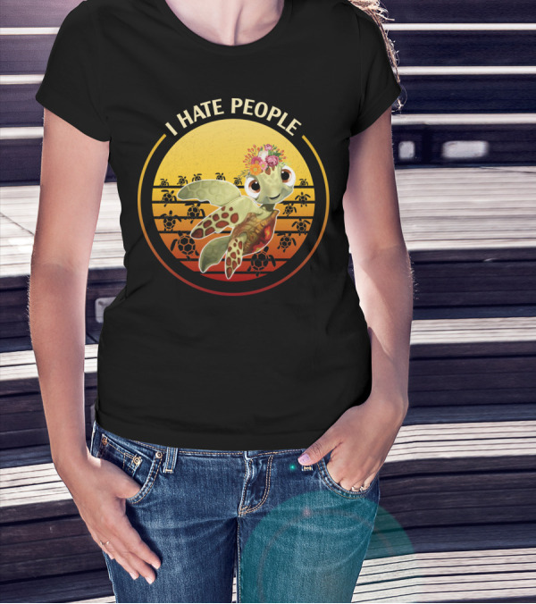 I Hate People Flower Turtle Retro Sunset T-Shirt