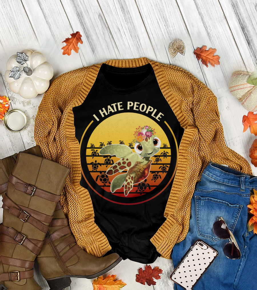 I Hate People Flower Turtle Retro Sunset T-Shirt