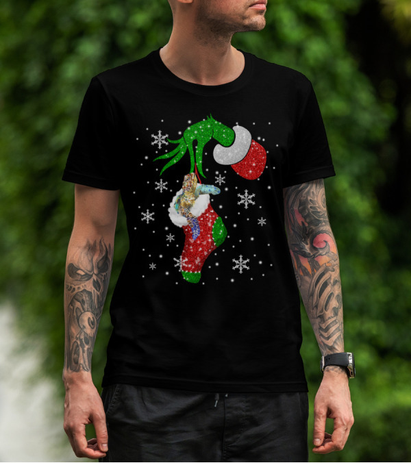 Grinch Christmas Turtle In Glittery Stocking With Snowflakes T-Shirt
