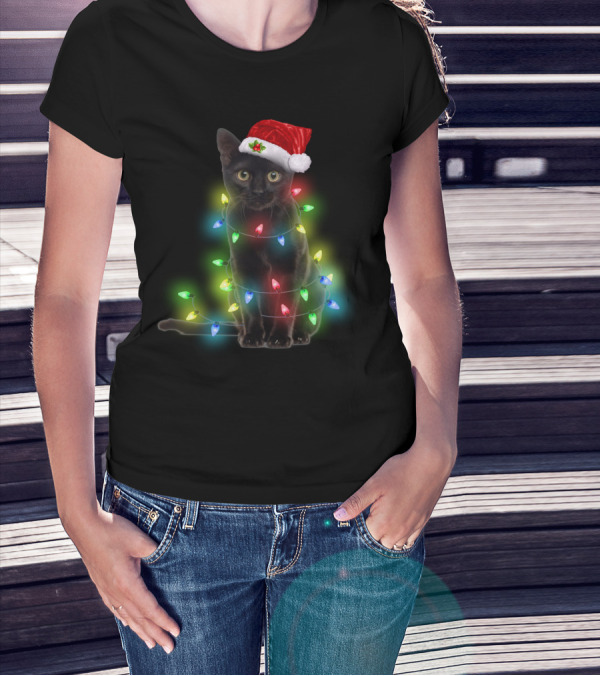 Cat Wrapped In Christmas Lights With Santa Hat T-Shirt