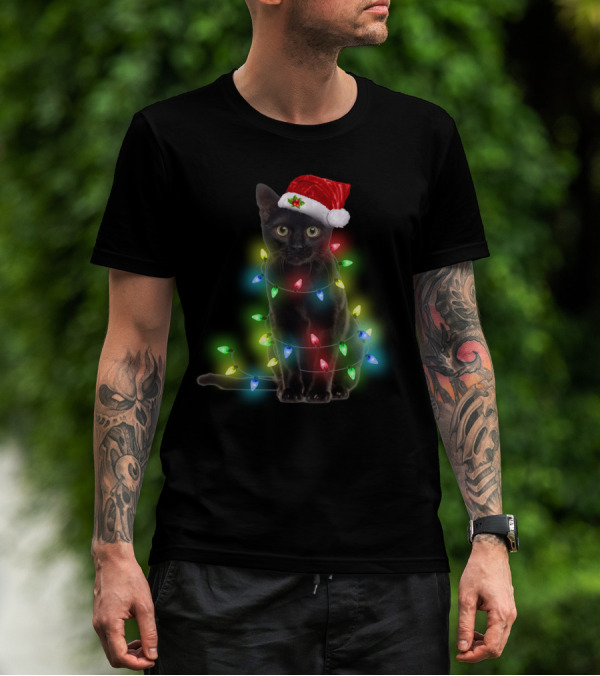 Cat Wrapped In Christmas Lights With Santa Hat T-Shirt