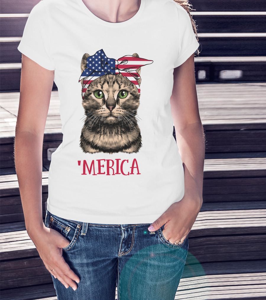 Cat With American Flag Bandana 'Merica T-Shirt