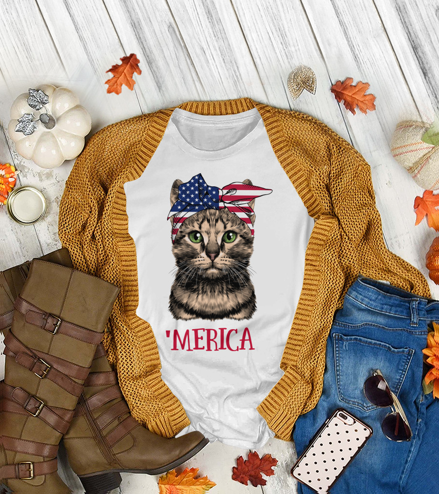 Cat with American Flag Bandana 'Merica T-Shirt