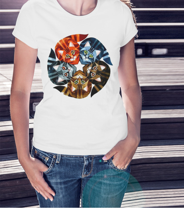 Cat Star Kaleidoscope With Five Colorful Cats In A Circle T-Shirt
