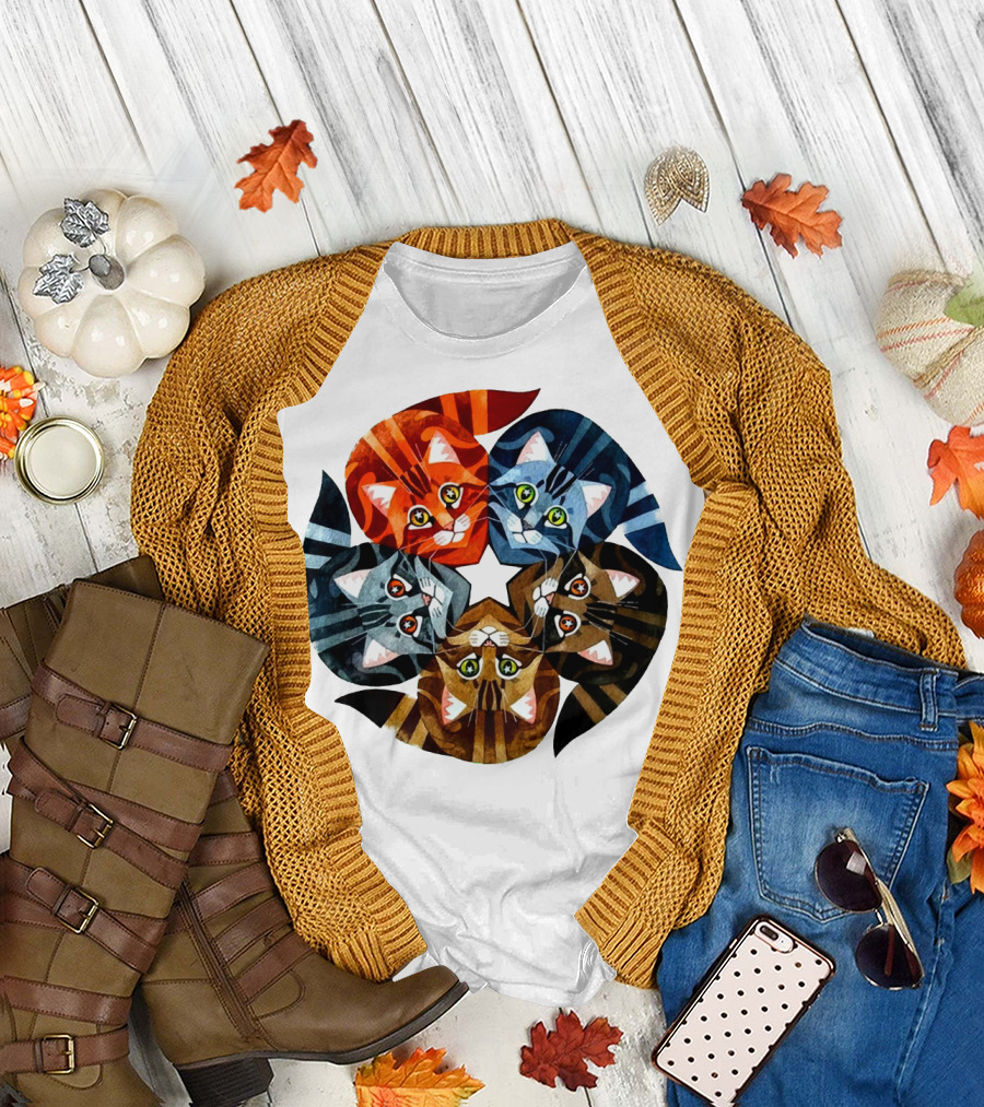 Cat Star Kaleidoscope with Five Colorful Cats in a Circle T-Shirt