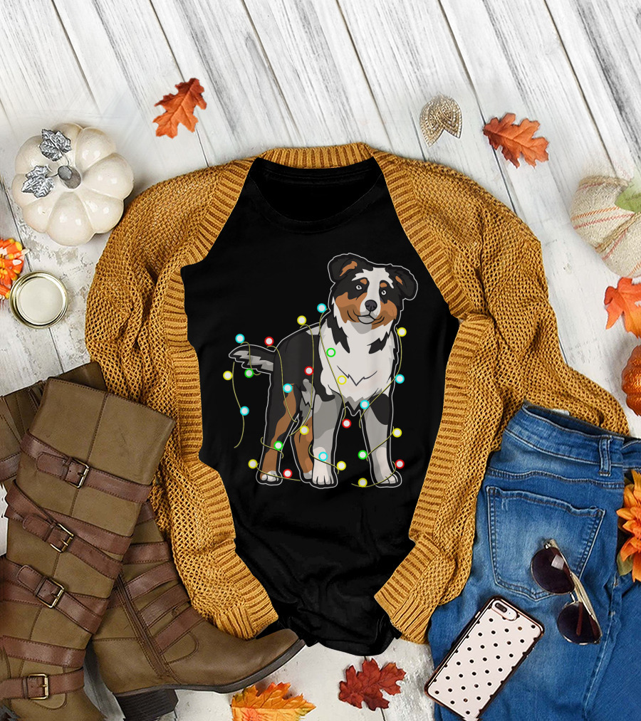 Australian Shepherd Wrapped in Christmas Lights T-Shirt