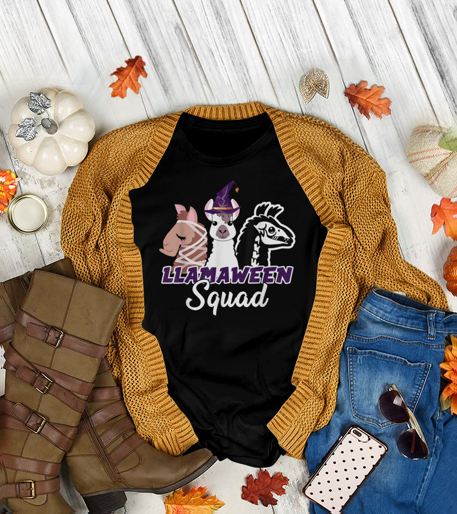 Llamaween Squad Funny Halloween Costume Llama Trio with Witch Hat and Skeleton T-Shirt