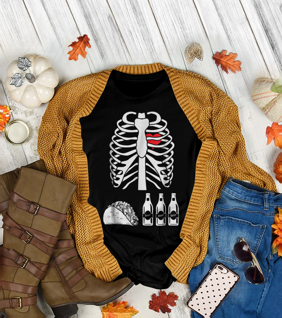 Skeleton Ribcage with Heart Beer Tacos Xray T-Shirt
