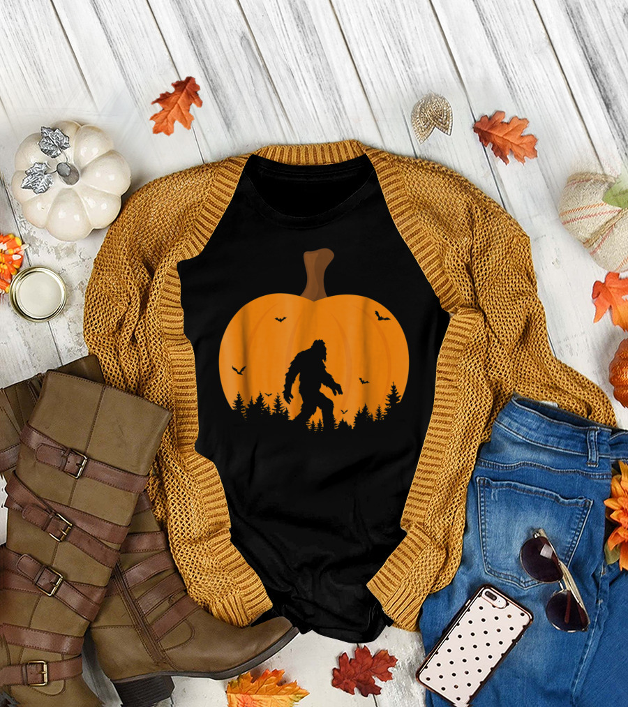 Bigfoot Sasquatch Silhouette with Bats and Trees Inside Halloween Pumpkin T-Shirt