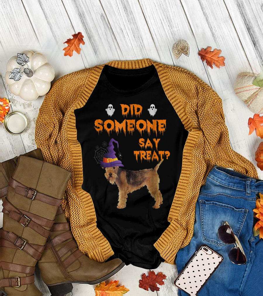 Airedale Terrier Halloween Did Someone Say Treat with Witch Hat and Ghosts T-Shirt