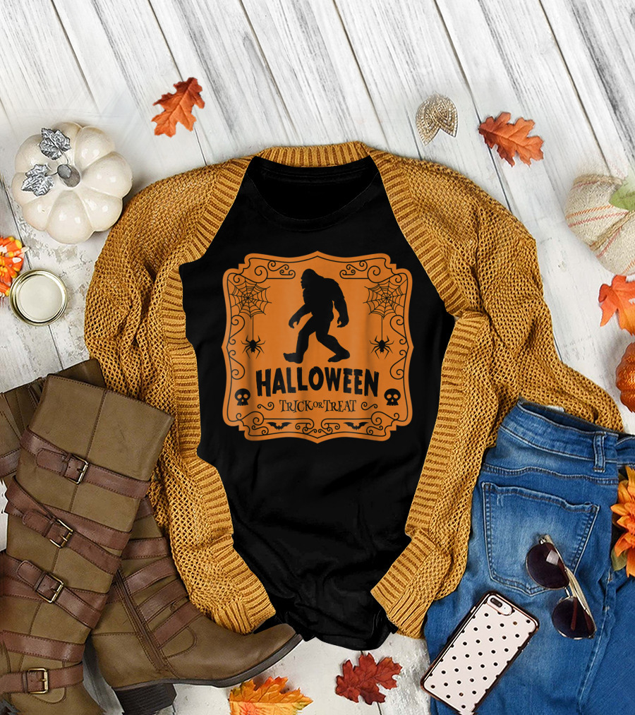 Bigfoot Halloween Trick Or Treat Silhouette With Spiders And Skulls T-Shirt