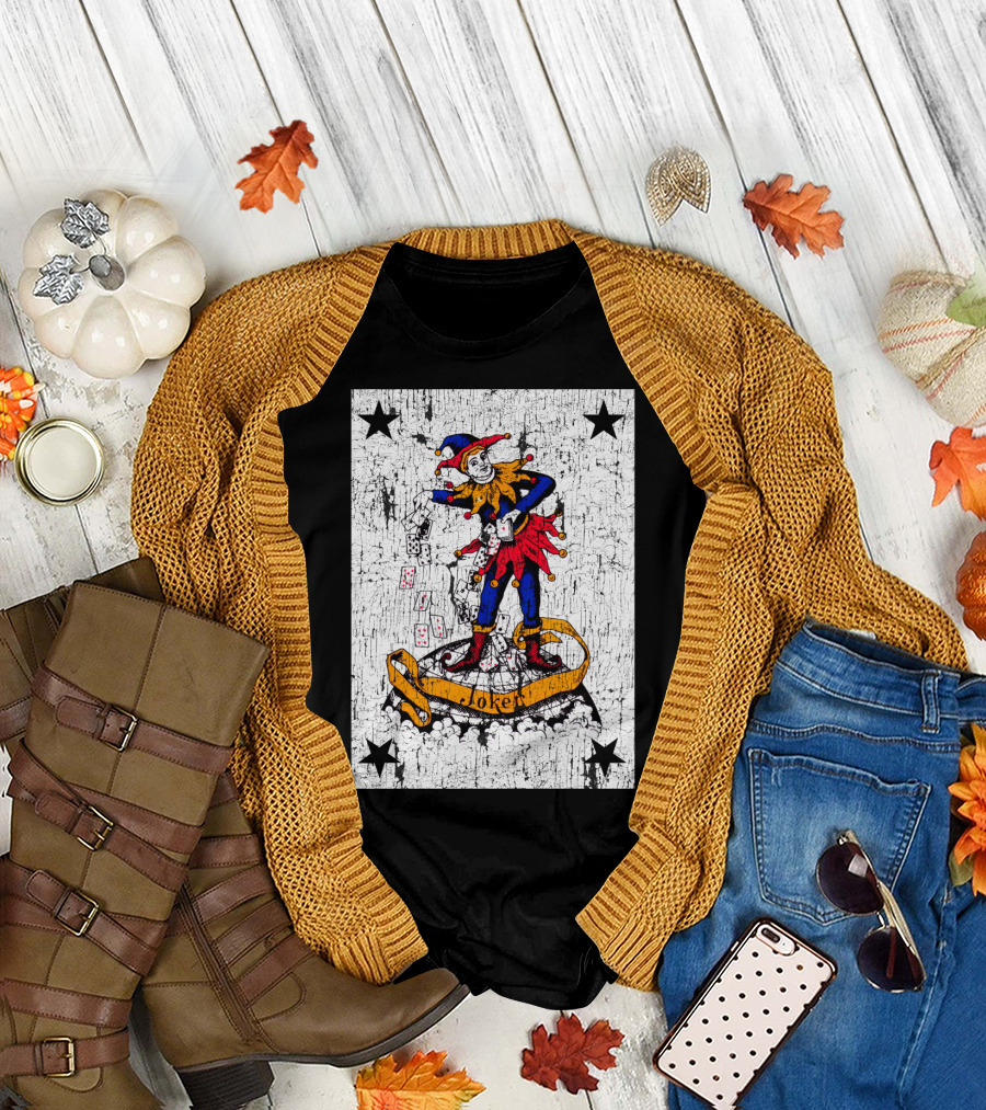 Black Joker Playing Card Clown with Stars and Cards Falling T-Shirt