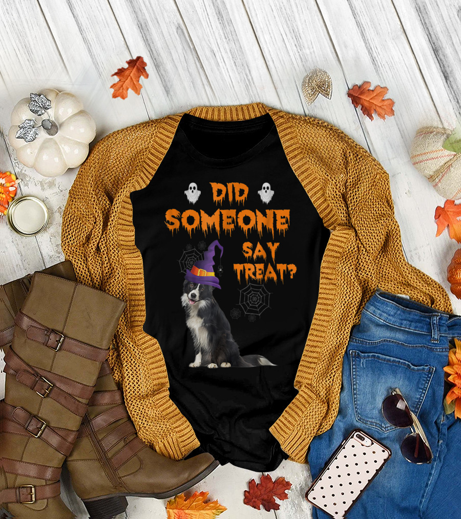 Border Collie Halloween Did Someone Say Treat Witch Hat Ghosts Spiderwebs T-Shirt