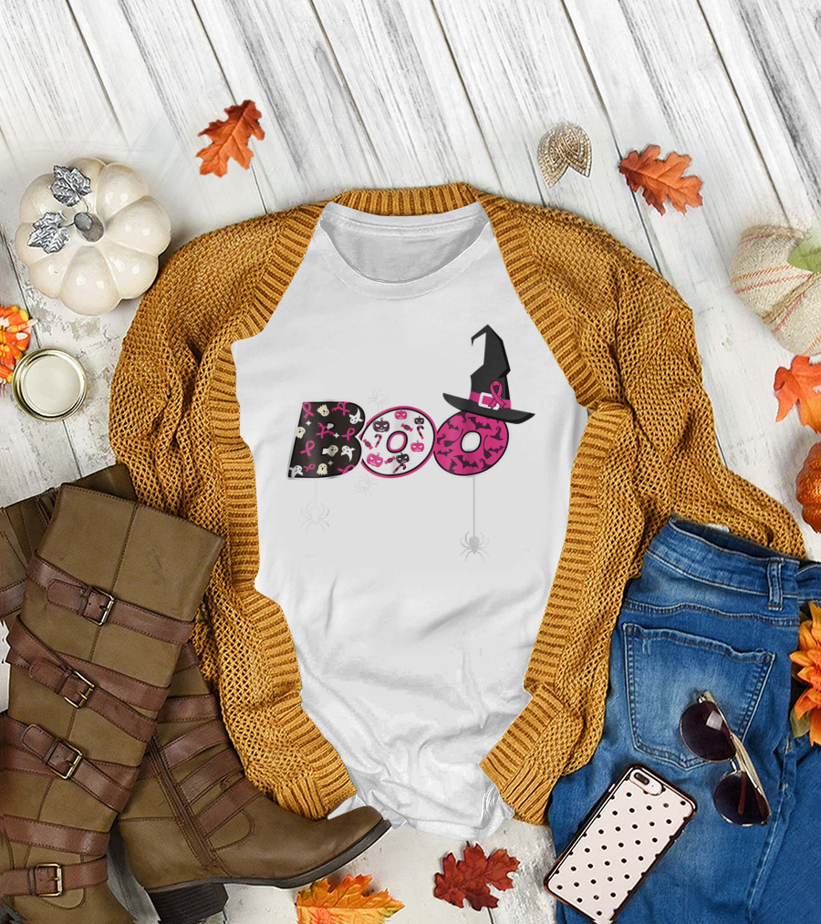 Breast Cancer Awareness Boo Halloween Witch Hat Spiders Ghosts Bats T-Shirt