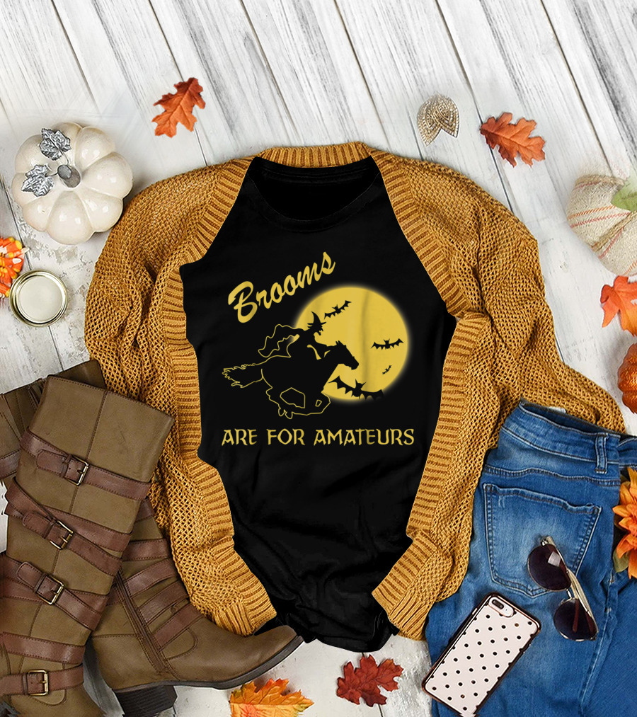 Brooms Are For Amateurs Halloween Horse Riding Witch Moon Bats T-Shirt