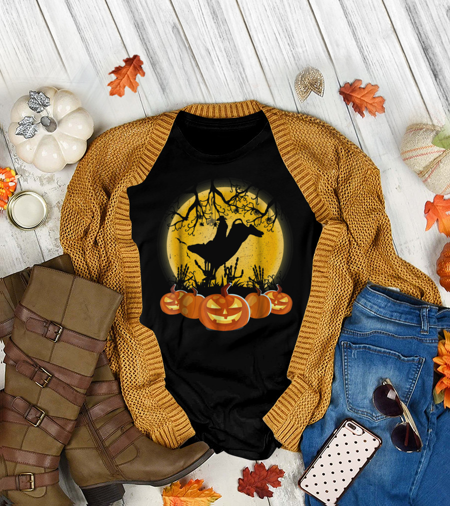 Bull Riding Halloween Pumpkins Under Full Moon T-Shirt