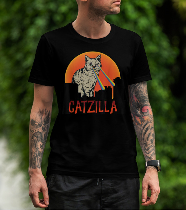 Catzilla Cat Rainbow Laser Eye Skyline Monster T-Shirt