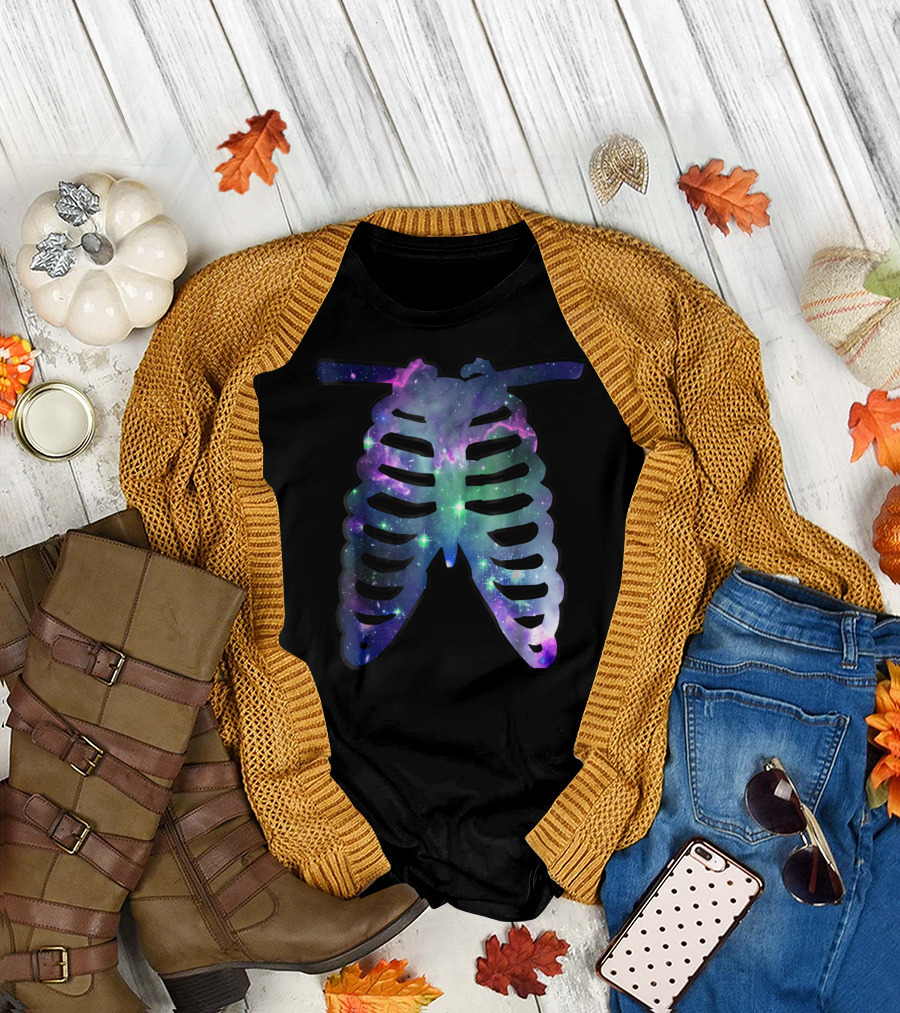 Cosmic Galaxy Ribcage Halloween Skeleton Ribs T-Shirt