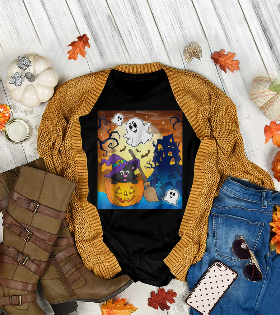 Playful Halloween Cat with Ghosts and Haunted House T-Shirt