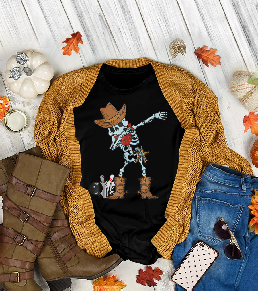 Cowboy Skeleton Dabbing with Bowling Ball and Pins T-Shirt