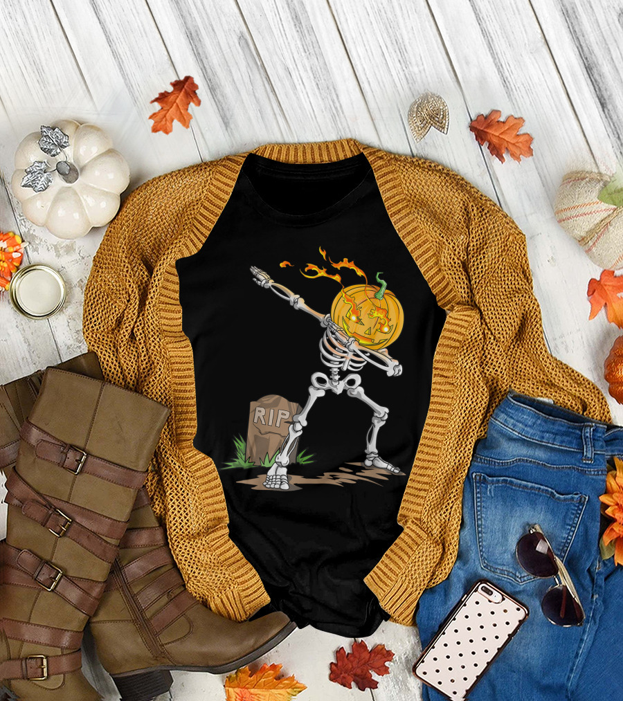 RIP Dabbing Skeleton with Halloween Pumpkin Head T-Shirt