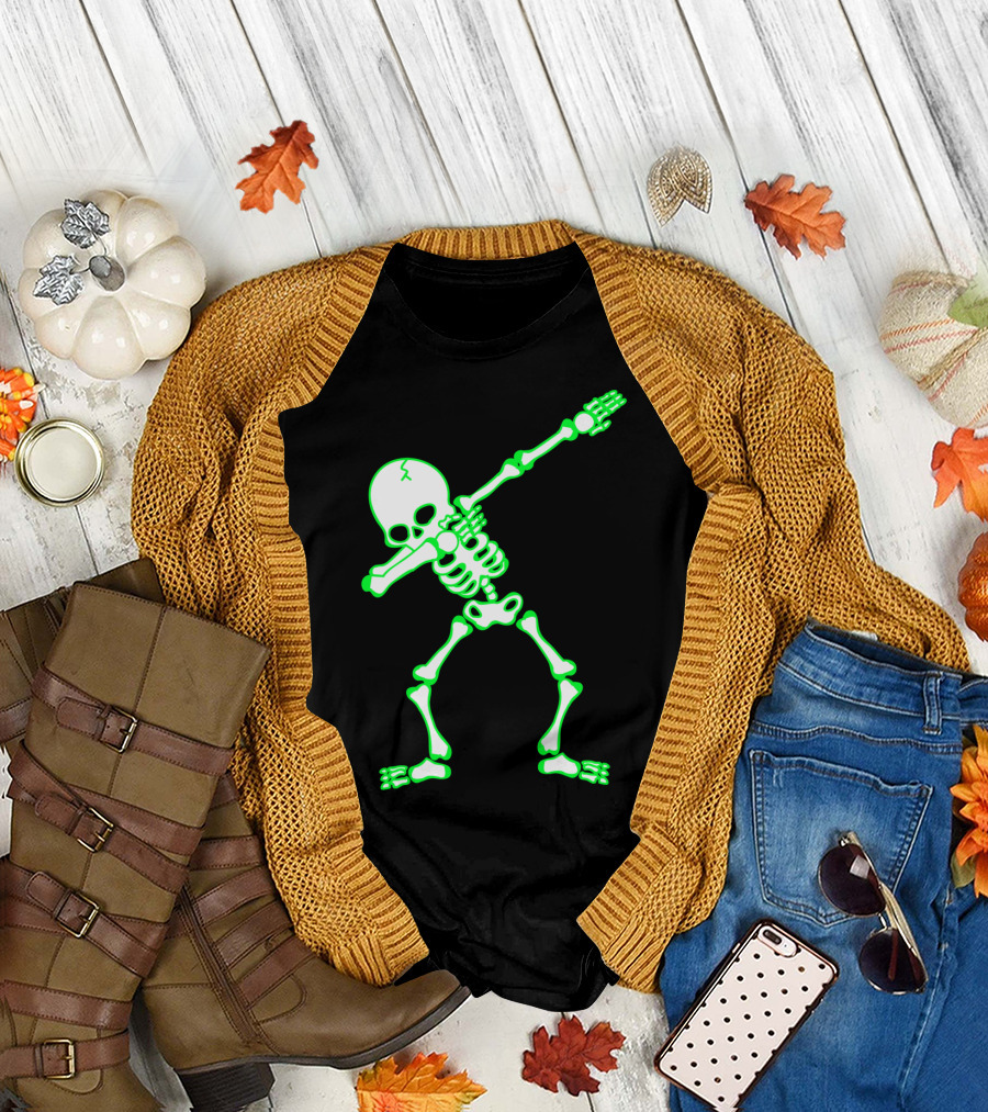 Glowing Green Dabbing Skeleton Halloween T-Shirt