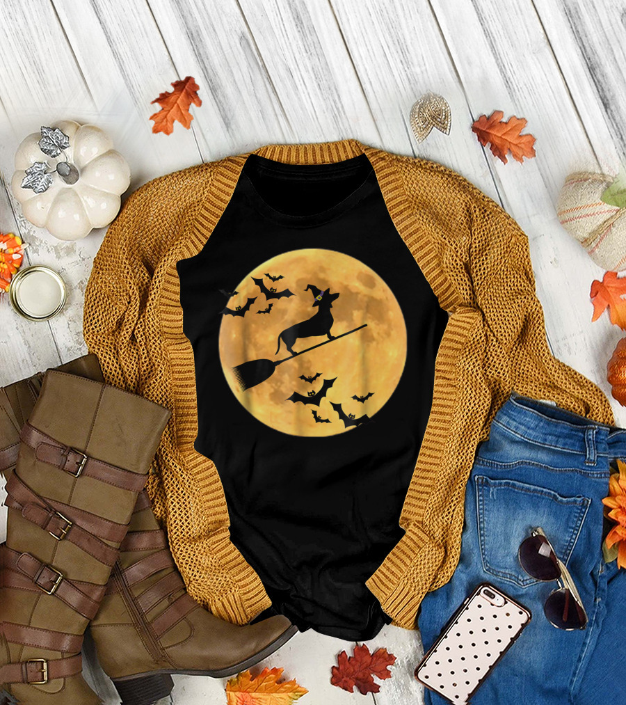Dachshund Witch Dog Flying on Broomstick in Front of Full Halloween Moon with Bats T-Shirt