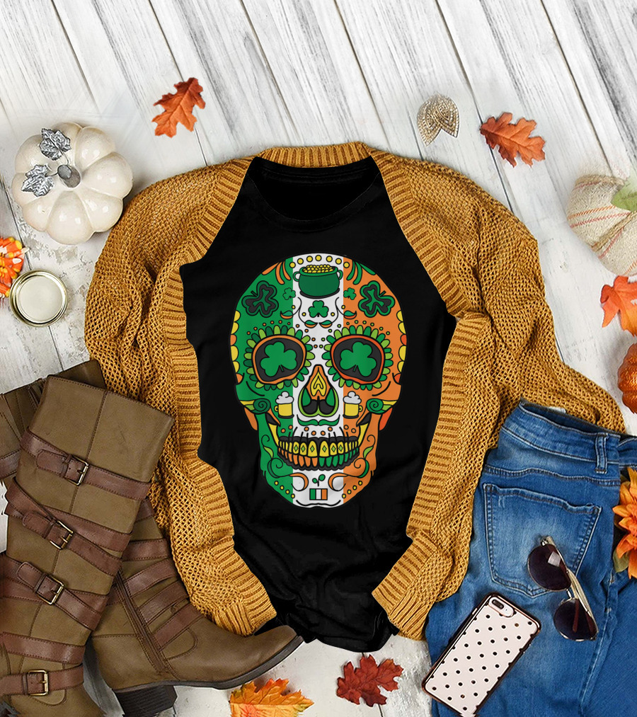 Day Of The Dead Irish Sugar Skull St Patricks Shamrock Tricolor Beer T-Shirt