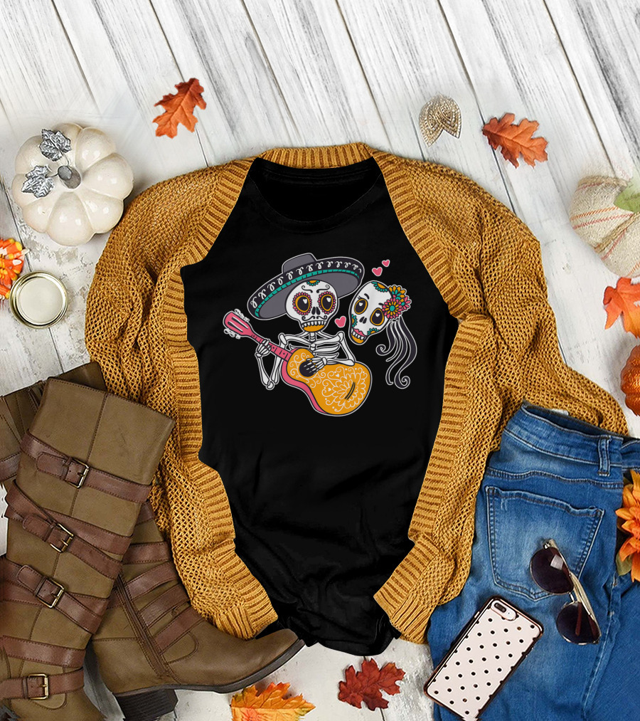 Day Of The Dead Mariachi Skeletons Halloween Guitar Serenade T-Shirt