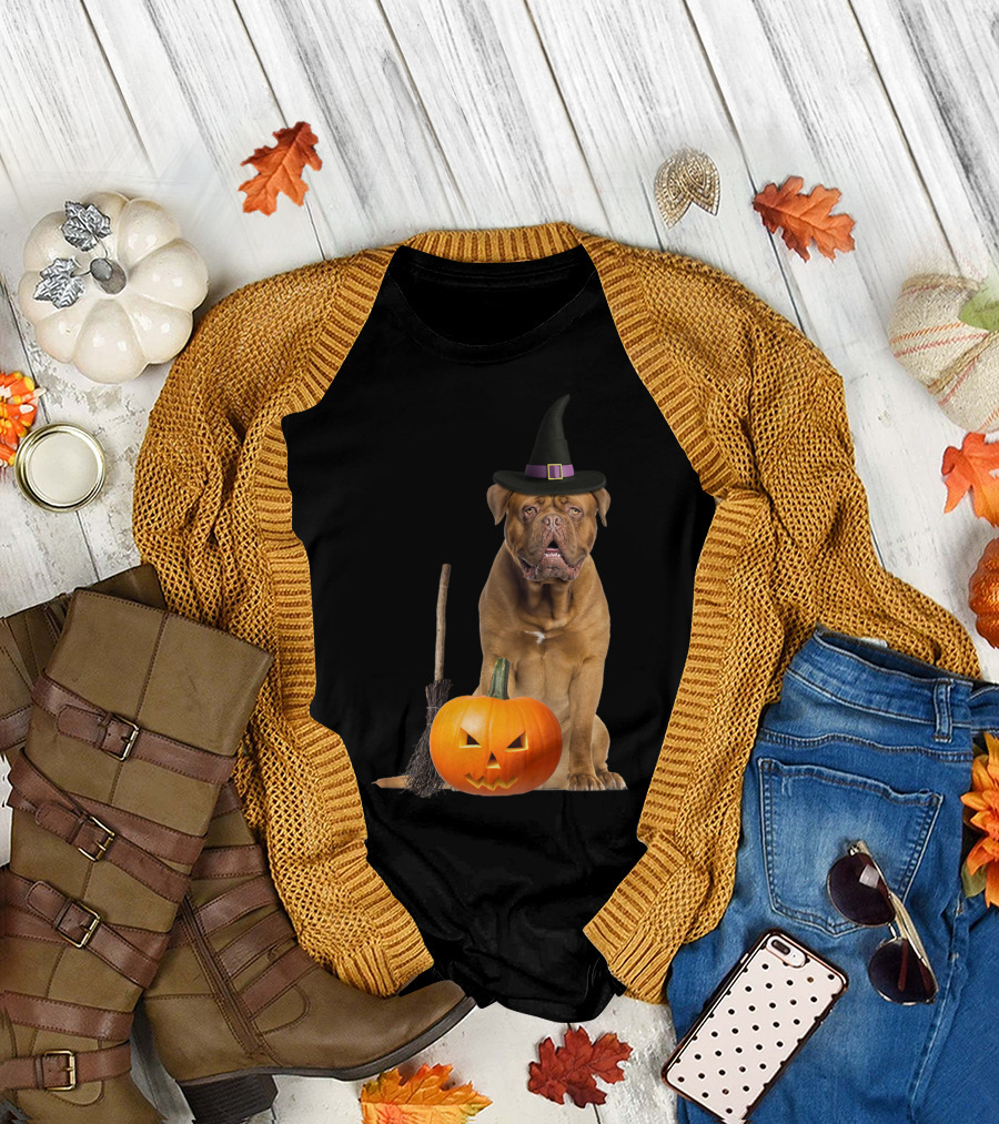 Dogue De Bordeaux Witch Hat Halloween Pumpkin Broom Dog T-Shirt