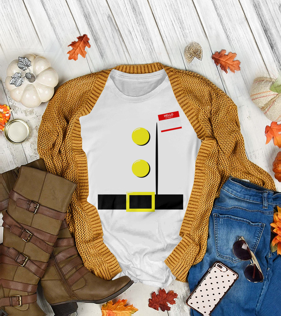 Dwarf Halloween Group Costume Hello My Name Is Plaque Belt Buckle Yellow Buttons T-Shirt