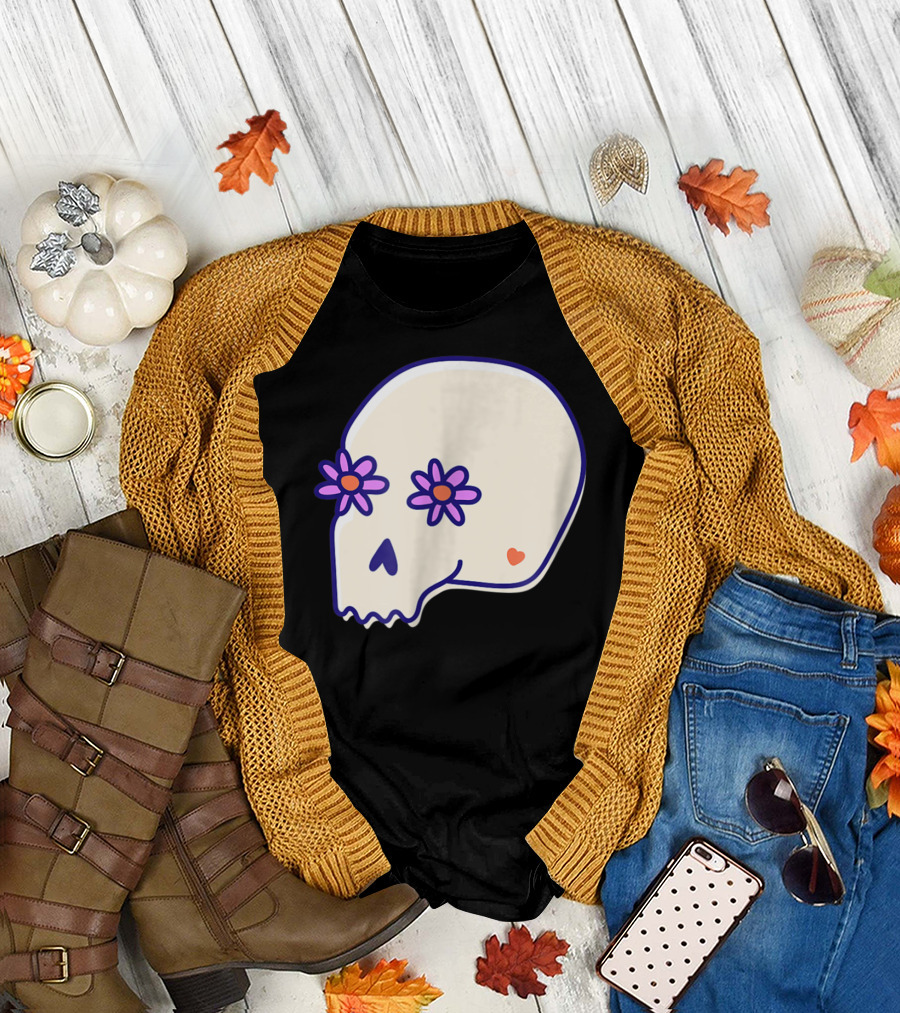 Sugar Skull with Flower Eyes and Heart for Spooky Halloween T-Shirt