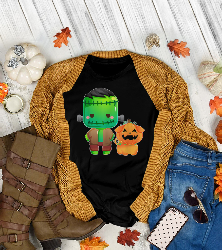 Frankenstein Monster and Jack-O'-Lantern Dog Duo T-Shirt
