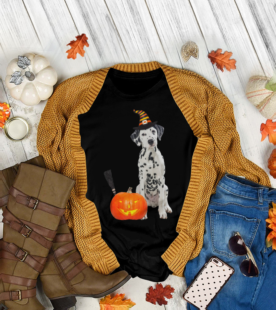 Dalmatian in Witch Hat with Halloween Pumpkin T-Shirt