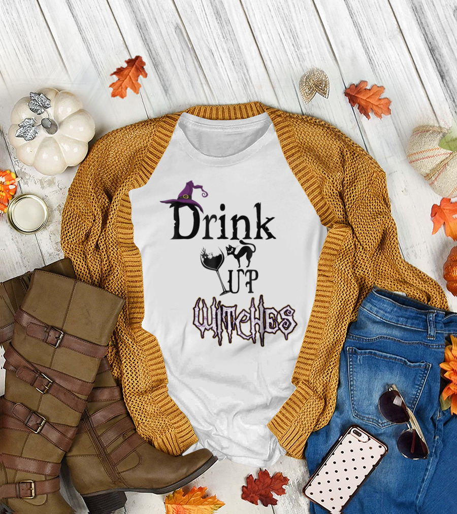 Drink Up Witches Halloween Witch Hat Wine Glass Black Cat T-Shirt