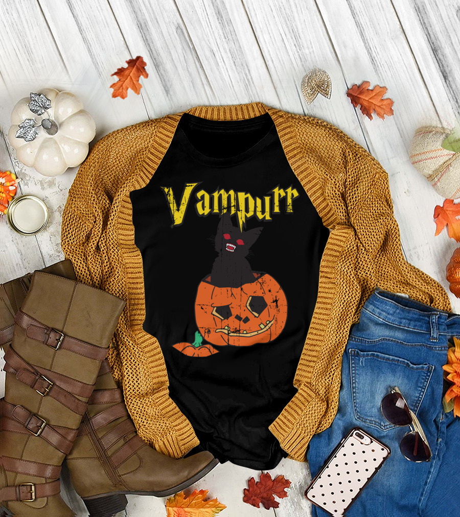 Vampurr Cat in Pumpkin with Red Eyes Halloween Vampire T-Shirt